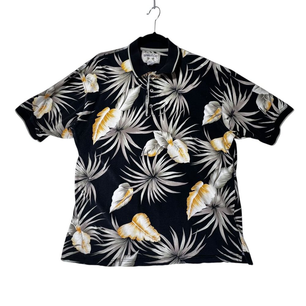 Bamboo Cay Mens Hawaiian Polo Shirt LG Black Tropical Floral Cotton Resortwear - Picture 2 of 10